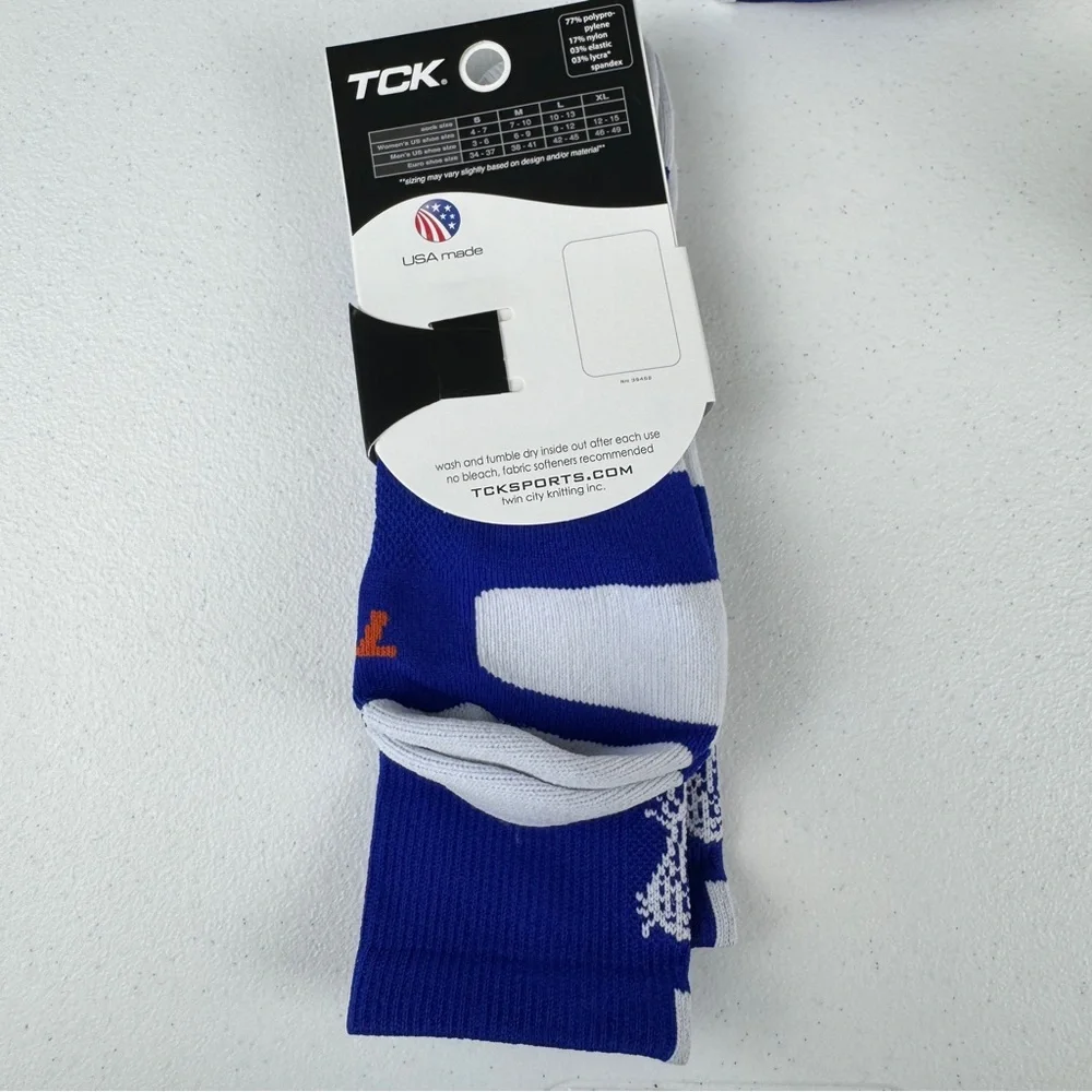 TCK Performance Lacrosse Crew Socks Blue and White Unisex Size‎ Large 1 Pair NWT